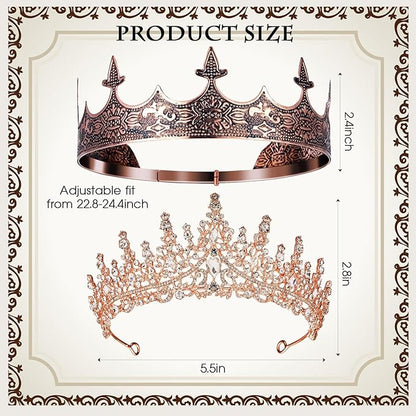 Sureio 2 Pcs King and Queen Crowns Set Antique Baroque Royalty Tiaras Costume Accessories for Halloween Couple Cosplay, Birthday Wedding Prom Party(Novel Style)