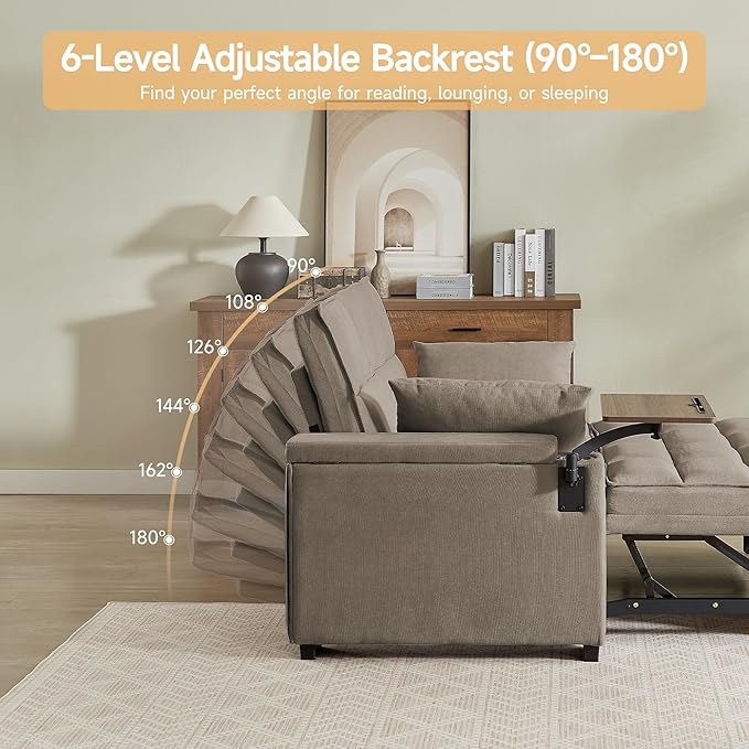 66" Multi-Functional Pull-Out Sofa Bed with Hidden Side Table, Storage Armrests, Built-in Charging Port, Spring Mattress, Solid Wood Frame – Ideal for Small Spaces, Easy Assembly