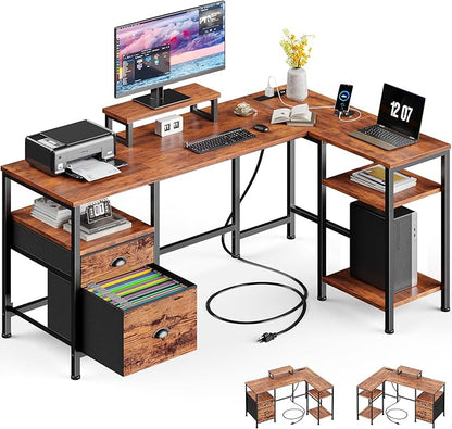 Furologee L Shaped Computer Desk with Power Outlet, Reversible Home Office Desk for Work Study, 50 Inch Corner Gaming Table with File Drawer, Monitor Stand, Storage Shelves, Rustic Brown