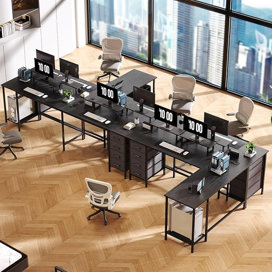 59 inch L Shaped Computer Desk with Power Outlets, Home Office Desk with 4 Adjustable Storage Drawers & 2 Monitor Stands, Two Person Gaming Table for Bedroom, Black