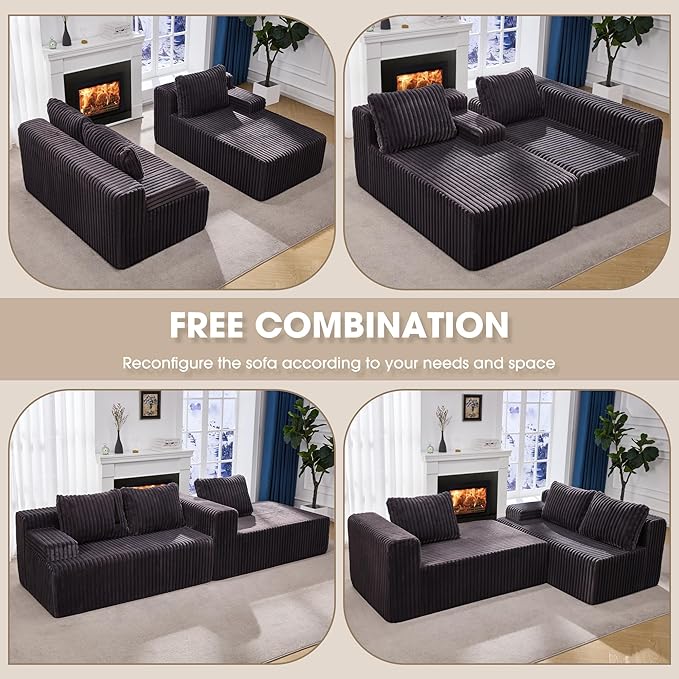 Modular Sectional Sofa Couches L-Shape Couch 3 Seat Modular Sofa Memory Foam Sectional Couches for Living Room, Cloud Couch with Oversized Chaise (Grey Stripe, 98" Right Facing Chaise)