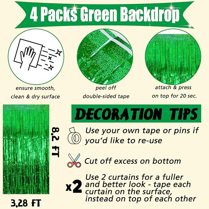 4 Pack Green Fringe Curtain Backdrop, 3.2Ft x 8.2Ft Sparkle Metallic Tinsel Foil Fringe Streamers Background for Photo Booth Birthday Wedding Baby Shower Party Thanksgiving Christmas Decorations