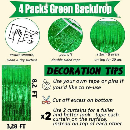 4 Pack Green Fringe Curtain Backdrop, 3.2Ft x 8.2Ft Sparkle Metallic Tinsel Foil Fringe Streamers Background for Photo Booth Birthday Wedding Baby Shower Party Thanksgiving Christmas Decorations