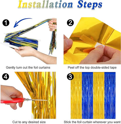 2 Pack Graduation Backdrop, 3.28 FT x 7.05 FT Class of 2025 Decorations, Blue Gold Fringe Curtains Tinsel Backdrop Party Streamer, Metallic Blue and Gold Graduation Decorations 2025