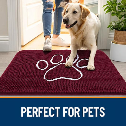 OLANLY Dog Door Mat for Muddy Paws 36x24, Paw Print Design, Absorbs Moisture and Dirt, Absorbent Non-Slip Washable Doormat, Quick Dry Chenille Mud Mat for Dogs, Entry Indoor Entryway Carpet, Burgundy