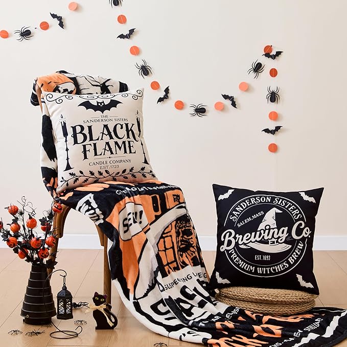 Halloween Decorations Pillow Covers 18x18 Inch,Set of 4 Vintage Halloween Decor Indoor Outdoor Throw Pillow Covers, Hocus Pocus Farmhouse Saying Linen Cushion Case for Home Sofa Couch Bedroom Chair
