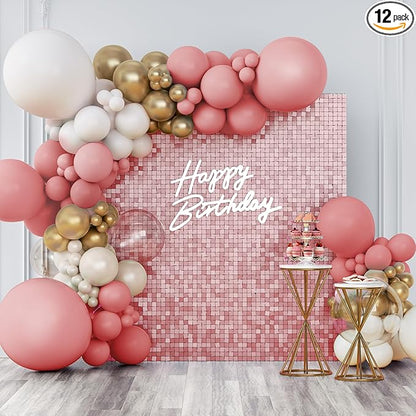 Shimmer Wall Backdrop Matte Pink Square Sequin Wall Panel Backdrop Decor for Wedding, Anniversary, Birthday, Party, 12 Panels