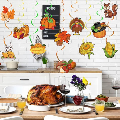 Fall Thanksgiving Hanging Swirls Decoration Autumn Harvest Hanging Foil Swirls Ceiling Decor for Thanksgiving Party Supplies Pumpkin Maple Leaf Turkey Ceiling Hanging 12Pcs