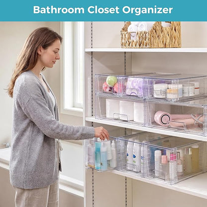 Vtopmart 6 Pack Clear Stackable Storage Drawers,Easy to Assemble Pantry Organizers and Storage with handles,Plastic Drawers for Kitchen Pantry,Cabinet,Under Sink Organization