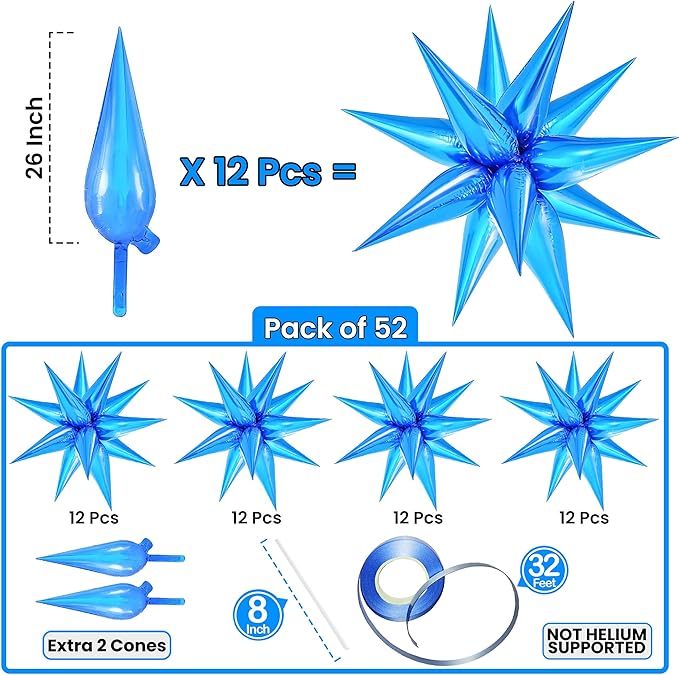 KatchOn Metallic Blue Star Balloons - 26 Inch, Pack of 50 | Starburst & Spike Designs for Blue Birthday & Party Decorations