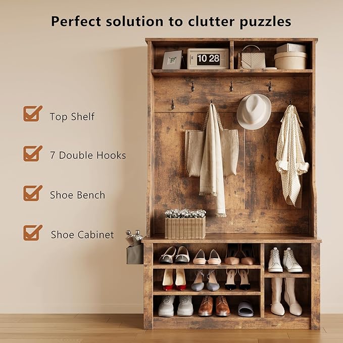Aiho Entryway Hall Tree with Bench and Storage, 3-in-1 Hall Tree with Coat Rack, Adjustable Shoe Bench, 2-Tier top Storage, for Hallway, Entryway, Bedroom, Rustic Brown