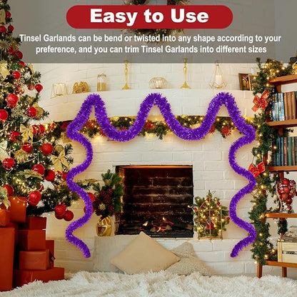 25 Feet Christmas Foil Fringe Banner Metallic Tassle Garland Metallic Backdrop Parade Floats Shiny Hanging Ceiling, Valentine's, Wedding, New Year Party Decorations(4" x 25', Purple)