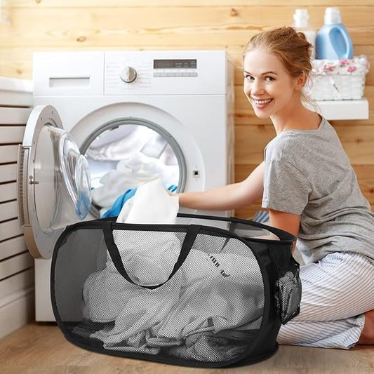 Durable Collapsible Laundry Baskets, Mesh Pop Up Laundry Hamper with Side Pocket, Foldable Clothes Storage Hamper with Reinforced Carry Handles for Laundry, Bathroom, Kids Room, Dorm or Travel Black