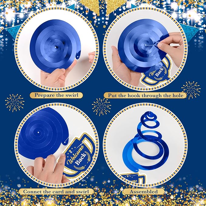 12pcs Welcome Back to Work Decorations Office Blue Gold So Glad You're Back To Work Banner and Hanging Swirls Table Centerpieces Office Party Supplies for Indoors Outdoors