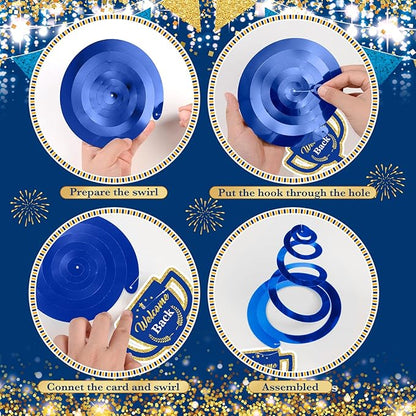 12pcs Welcome Back to Work Decorations Office Blue Gold So Glad You're Back To Work Banner and Hanging Swirls Table Centerpieces Office Party Supplies for Indoors Outdoors