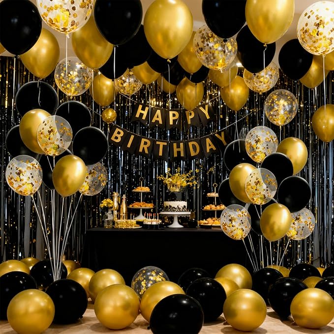 JOJO FLY 50 Pcs 12 Inches Black and Gold Balloons, Gold Confetti Balloons, Retirement, Birthday Party Decorations, New Years Eve Decorations, Graduation Party Supplies