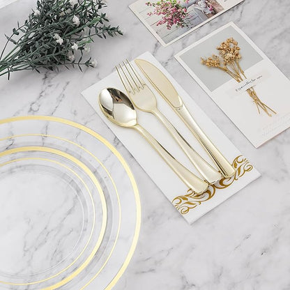 BESTVIP 350PCS Clear Gold Disposable Dinnerware Set for 50 Guests, Plastic Plates for Party, Wedding, Christmas, Halloween, Include: 100 Plastic Plates, 50 Gold Silverware, 50 Cups, 50 Napkins
