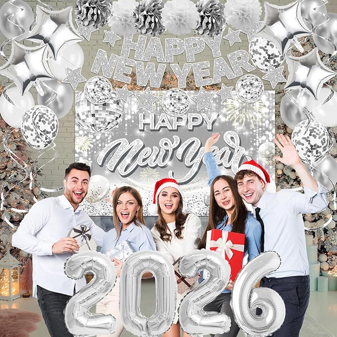 New Years Eve Party Supplies 2026 Happy New Year Decorations Kit - Silver Happy New Year Banner, Backdrop, 2026 Balloons, Pom Poms and Hanging Swirls for Kids Adults Party Decor