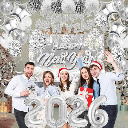 New Years Eve Party Supplies 2026 Happy New Year Decorations Kit - Silver Happy New Year Banner, Backdrop, 2026 Balloons, Pom Poms and Hanging Swirls for Kids Adults Party Decor