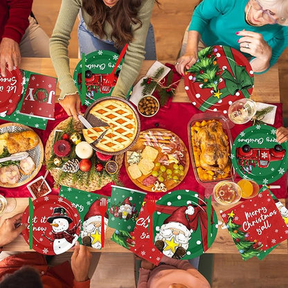 144Pcs Christmas Paper Plates and Napkins Disposable Gnome Snowman Christmas Dinnerware Set Red Green Xmas Dinner Plates Napkins Cups for Holiday Party Supplies Serves 24