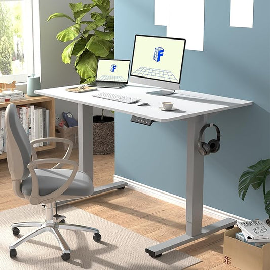 FLEXISPOT EN1 One-Piece Standing Desk with 1-Inch Thick Desktop, 48"x30" Electric Height Adjustable Desk for Home Office & Multi-Device Workstations, White(Silver Frame)