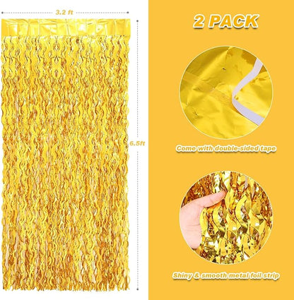 2 Pack 3.2x6.5 Feet Wavy Gold Foil Fringe Backdrop Curtains Tinsel Streamers Dance Party Decorations Photo Booth Props for Bachelorette Bridal Shower Birthday Wedding Christmas New Years Eve