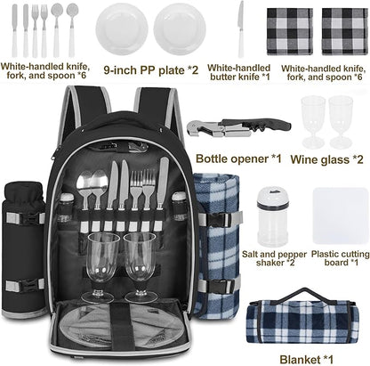 Picnic Backpack for 2 Persons with Insulated Leakproof Cooler Compartment, Cutlery Sets, Wine Holder, Fleece Blanket, Wedding Gifts for Couples, Perfect for Beach, Camping, Hiking, Black