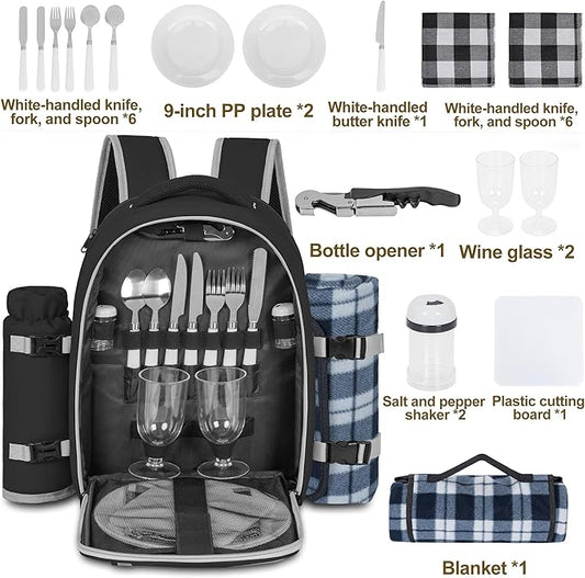 Picnic Backpack for 2 Persons with Insulated Leakproof Cooler Compartment, Cutlery Sets, Wine Holder, Fleece Blanket, Wedding Gifts for Couples, Perfect for Beach, Camping, Hiking, Black