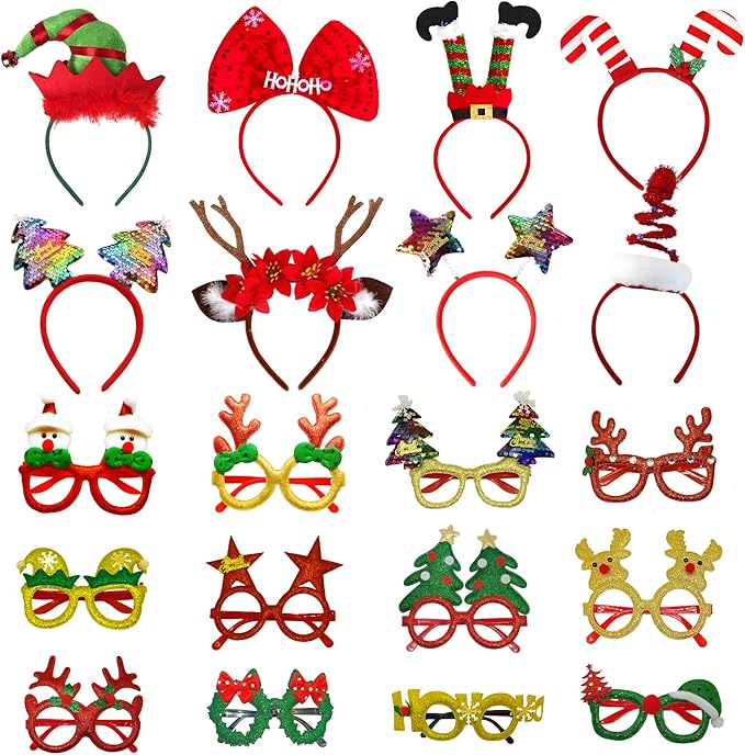 20 Pcs Christmas Headbands and Glasses Set, 12 Xmas Glasses & 8 Christmas Headbands for Photo Booth Props, Festive Party Supplies with Reindeer Xmas Tree Elf Santa Hats for Adults, Family Decor