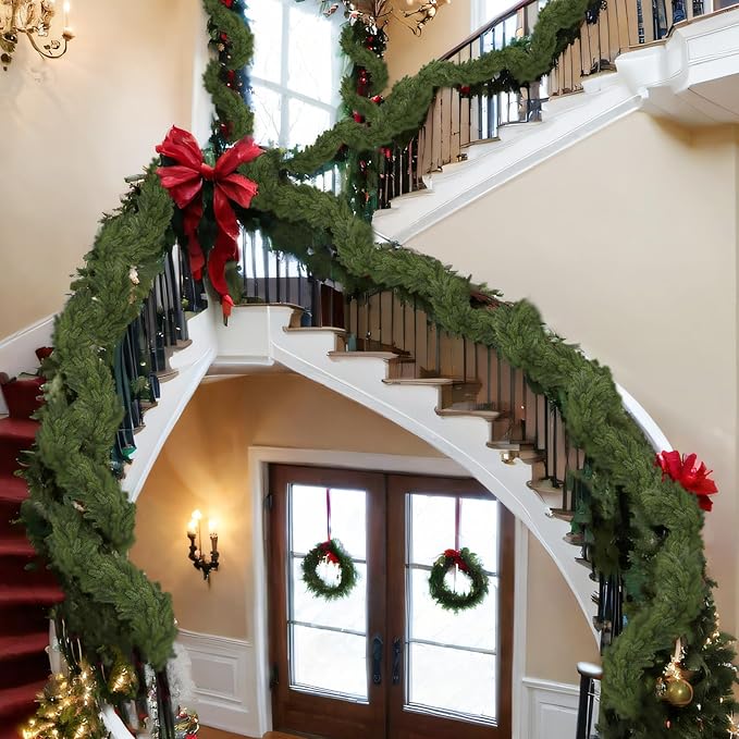 Lyrow 1 Pcs 15 ft Artificial Pine Greenery Garlands Deluxe Faux Thick Real Touch Winter Pine Garland Artificial Greenery Wreath for Table Fireplace Mantle Indoor Outdoor Christmas Decorations