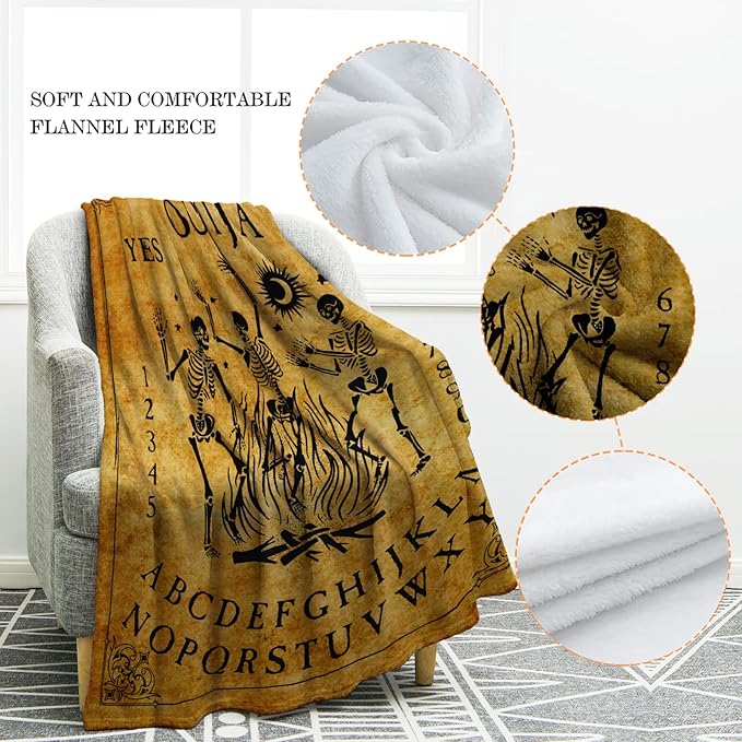 Jekeno Ouija Board Blanket Skeleton Skull Print Gifts for Men Kids Boys Home Bedroom Living Room Decor Soft Cozy Lightweight Throw Blankets Vintage Retro Yellow 50"x60"