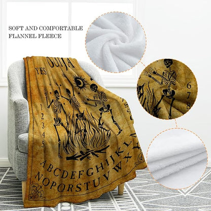 Jekeno Ouija Board Blanket Skeleton Skull Print Gifts for Men Kids Boys Home Bedroom Living Room Decor Soft Cozy Lightweight Throw Blankets Vintage Retro Yellow 50"x60"