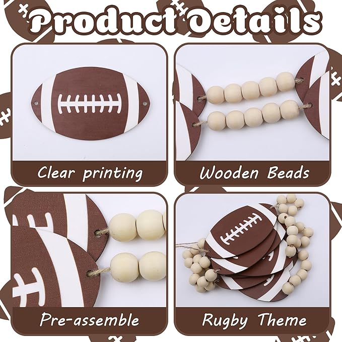 Wood Football Garland Banner Decorations,Football Wood Bead Banner Party Decor,for Wall Fireplace Mantle Home Office Spring Favors Sports Theme Birthday Tailgate Party Game Day Supplies