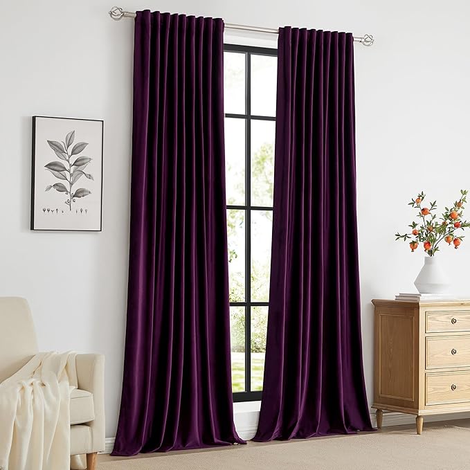 PRIMROSE Purple Velvet Curtains 120 inch Long for Living Room,Set of 2 Panels Blackout Rod Pocket Back Tab Window Treatment Room Darkening Heavy Decorative Curtains Drapes for Bedroom