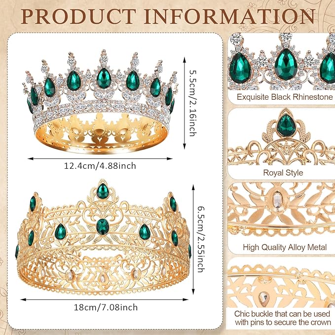 MTLEE 2 Pcs Prom King and Queen Crowns for Men Women King Queen Crowns Tiara with Rhinestone for Wedding Birthday Grad(Green Gold, Green Style)