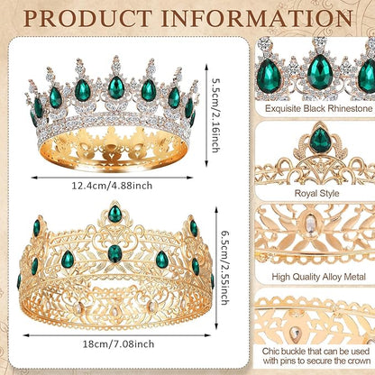 MTLEE 2 Pcs Prom King and Queen Crowns for Men Women King Queen Crowns Tiara with Rhinestone for Wedding Birthday Grad(Green Gold, Green Style)