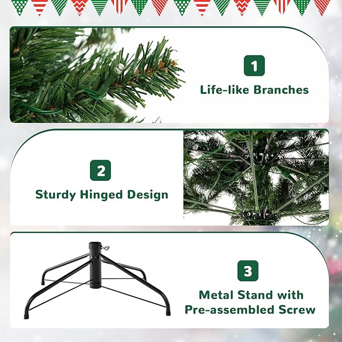 GOLFAME 6FT Pre-Lit Artificial Christmas Tree, Decorative Hinged Xmas Tree with 560 LED Lights, 821 Branch Tips, Upgraded Metal Stand, Christmas Holiday Tree for Home Office Party