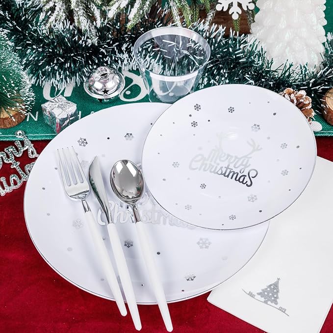 Nervure 175PCS Christmas Plastic Plates - White and Silver Disposable Plates & Silver Plastic Silverware with White Handle include 50 Plates 25Knives 25Forks 25Spoons 25Napkins for Christmas Party