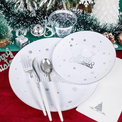 Nervure 175PCS Christmas Plastic Plates - White and Silver Disposable Plates & Silver Plastic Silverware with White Handle include 50 Plates 25Knives 25Forks 25Spoons 25Napkins for Christmas Party
