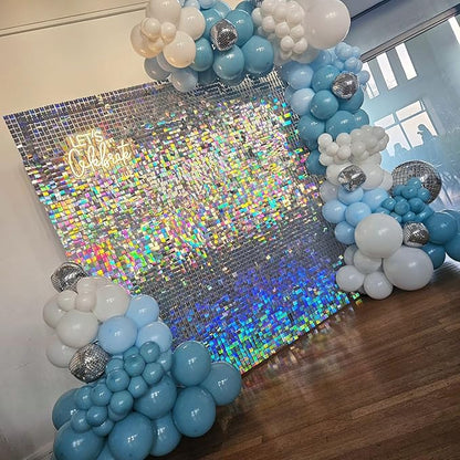 Shimmer Wall Backdrop Silver Iridescent 6FTx4FT Square Sequin Wall Panel Backdrop Decor for Wedding Anniversary Birthday Party, 24 Panels
