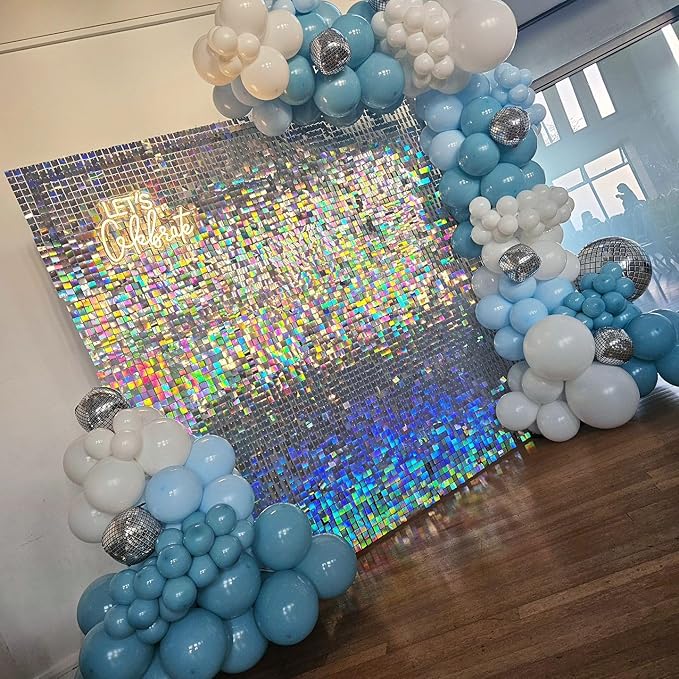 Shimmer Wall Backdrop Silver Iridescent Square Sequin Wall Panel Backdrop Decor for Wedding, Anniversary, Birthday, Party, 36 Panels