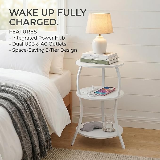 Small Round Side Table with Charging Station, 3-Tier Waist Circular End Table with Storage Shelf, Compact Tea Sofa Side Table Small Spaces, Round Corner Coffee Table for Living Room Bedroon,White