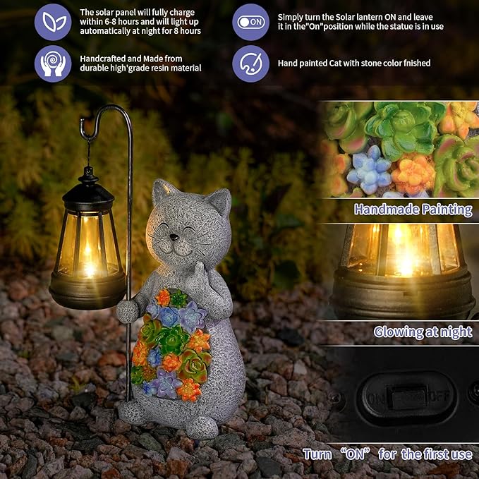 Solar Cat Garden Statue with Succulent Decor Hanging Lantern – Waterproof Resin Outdoor Figurine for Yard, Patio, Balcony – Gift for Cat Lovers, Gardeners