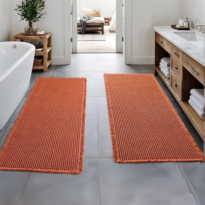 MIULEE Orange Set of 2 Waffle Bathroom Runner Rugs, Boho Bath Rug Non Slip Washable, Super Absorbent Runner Bath Mats, Rubber Backed Shower Mat for Hallway Bedroom Laundry Room, 2'x6'(24x72 Inch)
