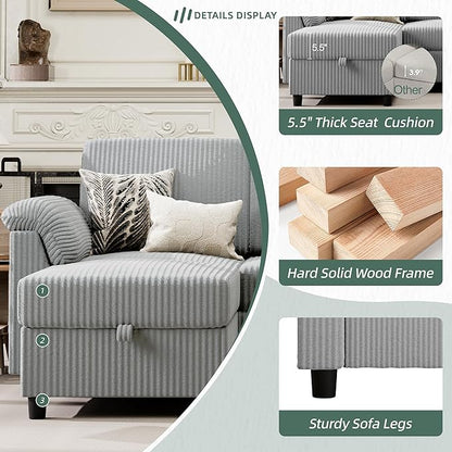 Vongrasig 79" Convertible Sectional Couch Sofa with Storage Ottoman, 3 Seat L Shaped Couch with Side Storage Pockage, Small Couches for Living Room, Apartment and Small Space (Light Grey)