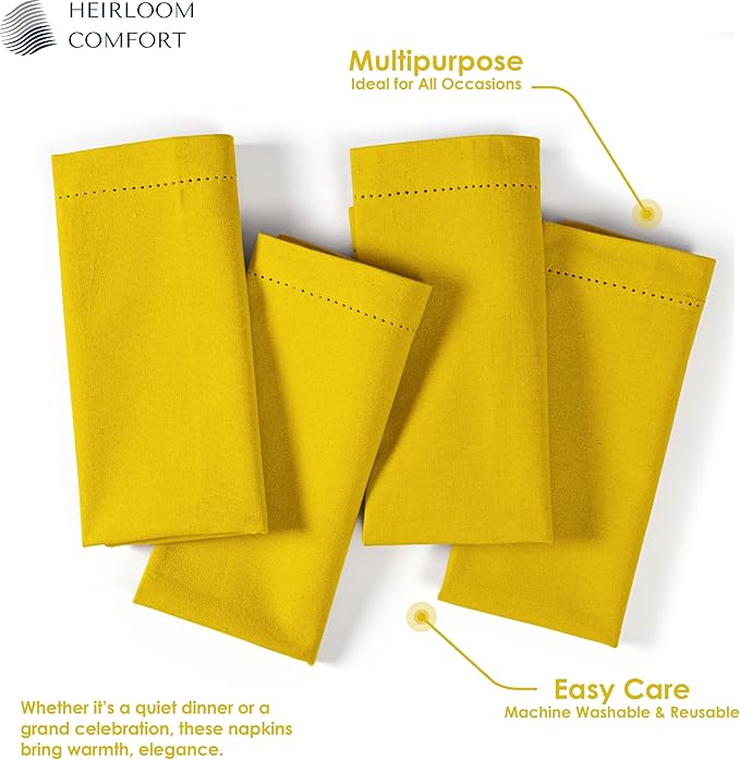 Lemon Yellow Cloth Napkins 18"x18", Set of 6 - Soft, Absorbent, Reusable, Washable - Elegant Hemstitch Mitered Edges - 100% Cotton Dinner Napkin for Birthday Parties, Spring, Summer