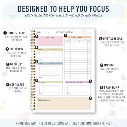 ADHD Daily Planner - Productivity & Undated Task Management Organizer for Neurodivergent Adults, Focused Planner for Men & Women - B5 Colorful Flowers
