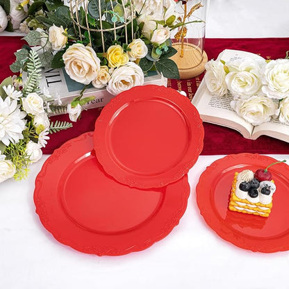 U-QE 100PCS Red Plastic Plates - Heavy Duty Plastic Disposable Party Supplies Include 50PCS 10" Dinner Plates and 50PCS 7.5" Dessert/Salad Plates for Party, Wedding