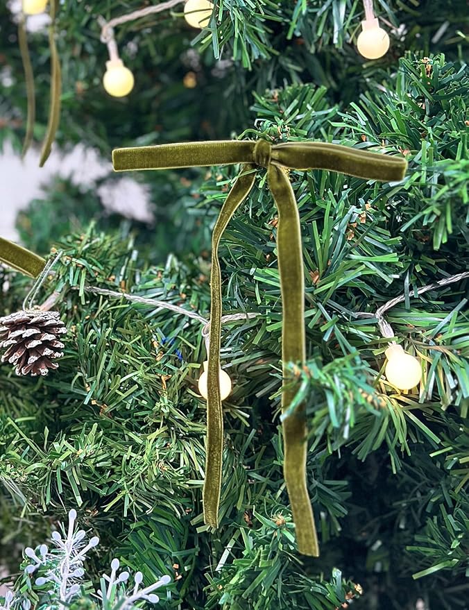 SIMISI RIBBON 24 Pcs Olive Green Velvet Christmas Tree Bows Door Garland Decor Vintage Wreath Bow (3/8'' Wide, 5 * 7 inch)