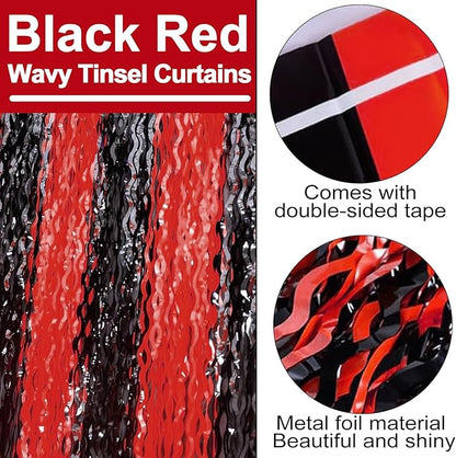 4 Pack Black Red Fringe Curtain Backdrop 3.2Ft x 8.2Ft Metallic Tinsel Foil Fringe Streamers Background for Photo Booth Mother's Day, Easter, Carnival, Birthday, Wedding Party Decoration